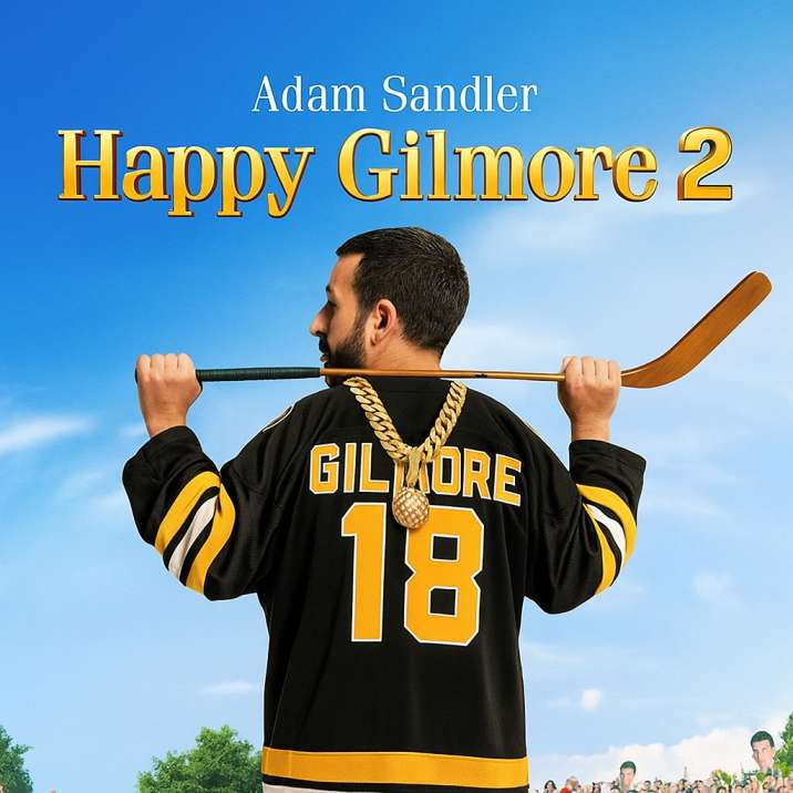 Image of Adam Sandler's movie Happy Gilmore 2, showing him waring a Cubann Link Gold chain and a hockey inspired pendant. Image created by Mahindra Gold and Diamonds.